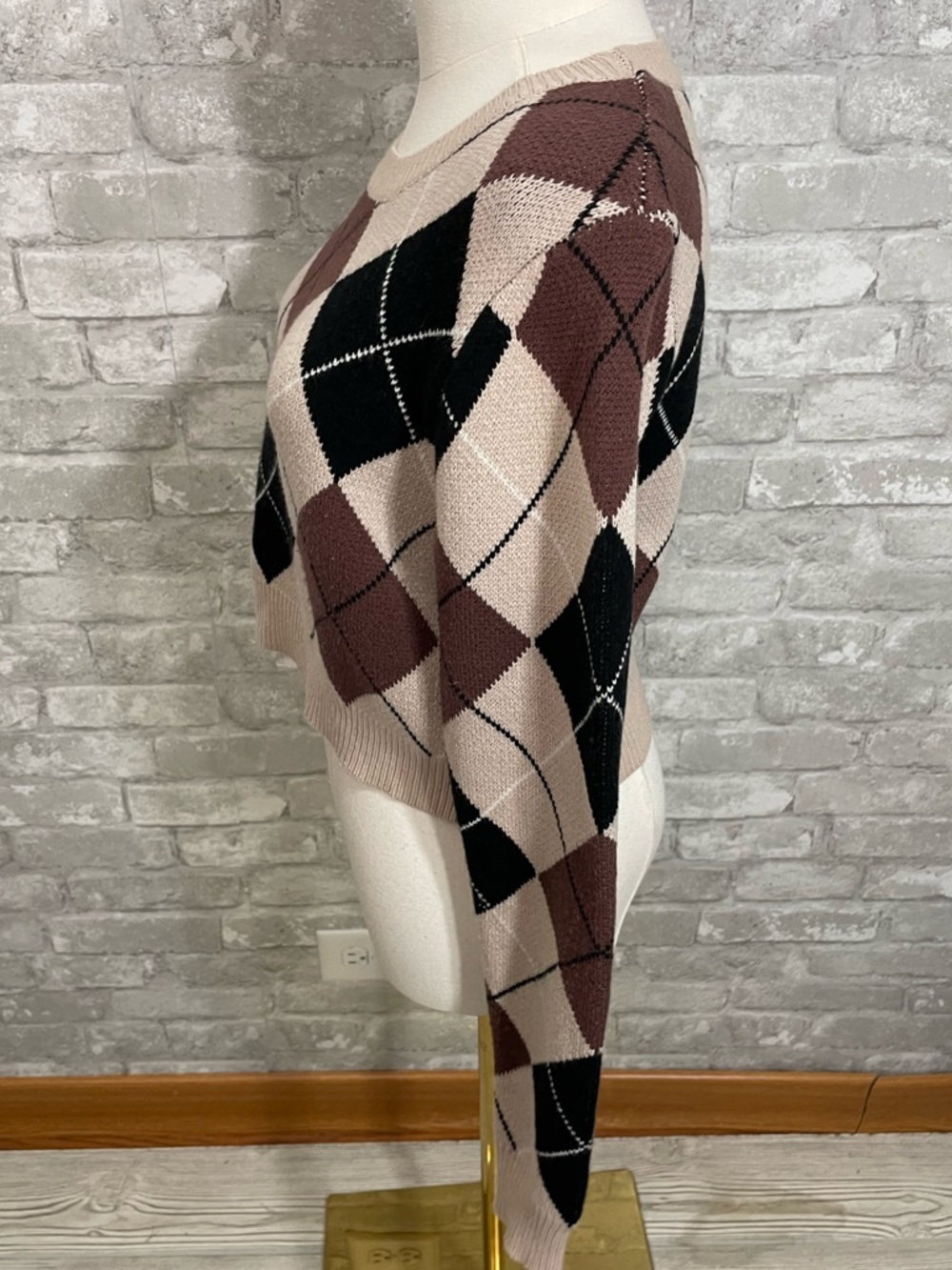 Altar'd State Brown and Black Argyle Crewneck Sweater - Picture 2 of 5